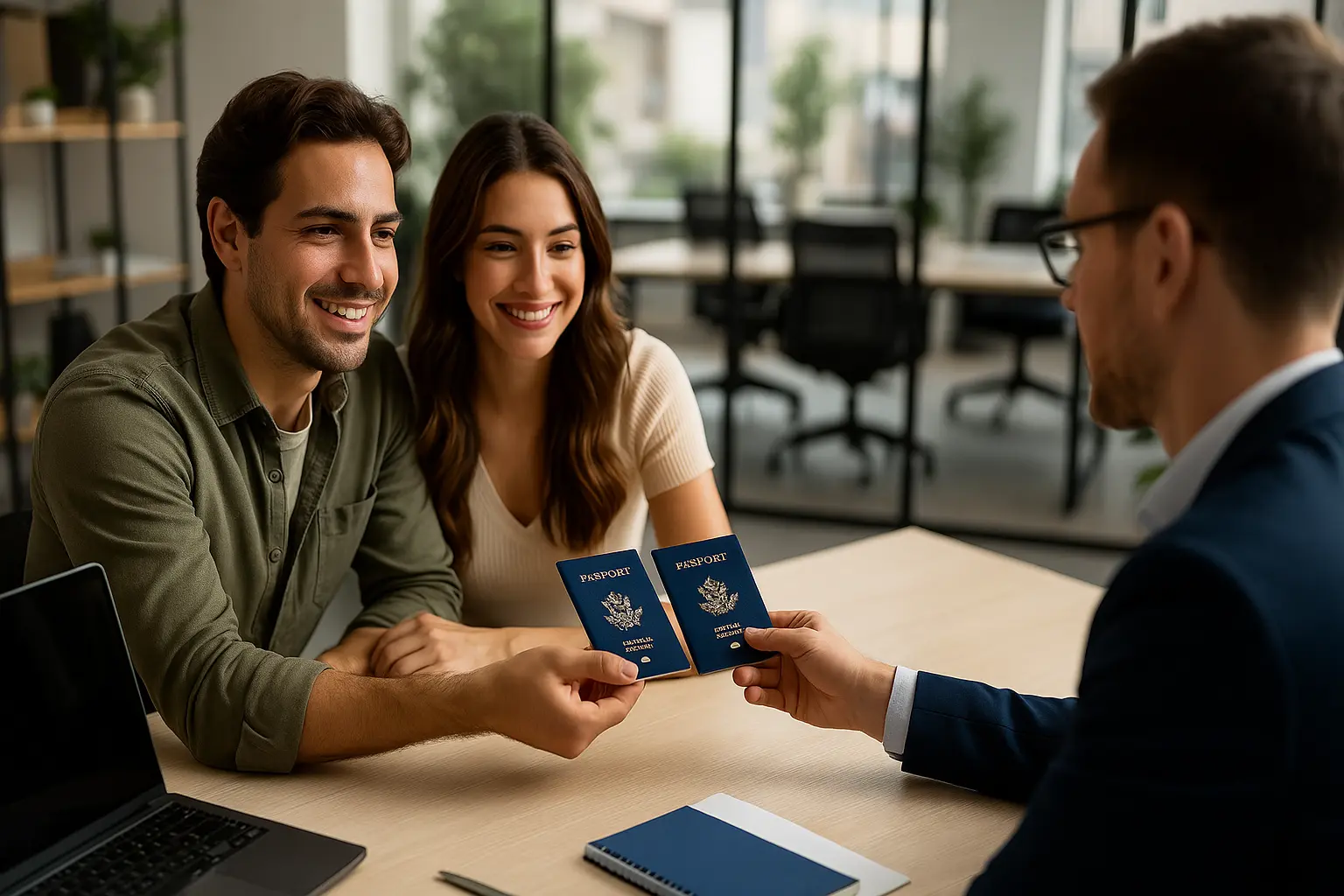 Happy couple receiving passports from immigration consultant